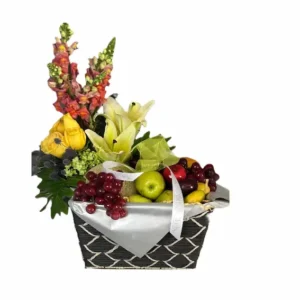 Canasta de flores y fruta